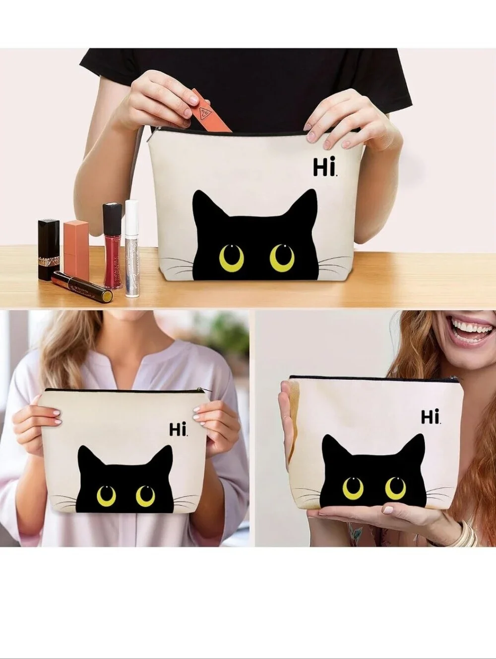 Cat Pouch Cosmetic Bag in Cream with Black Cat Design - Hi.